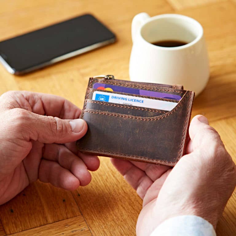 Brown Buffalo Leather Slim Zipped Card Holder - Handmade