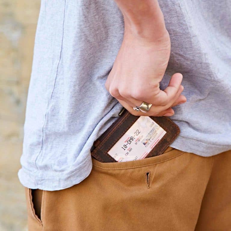 Brown Buffalo Leather Slim Zipped Card Holder - Handmade