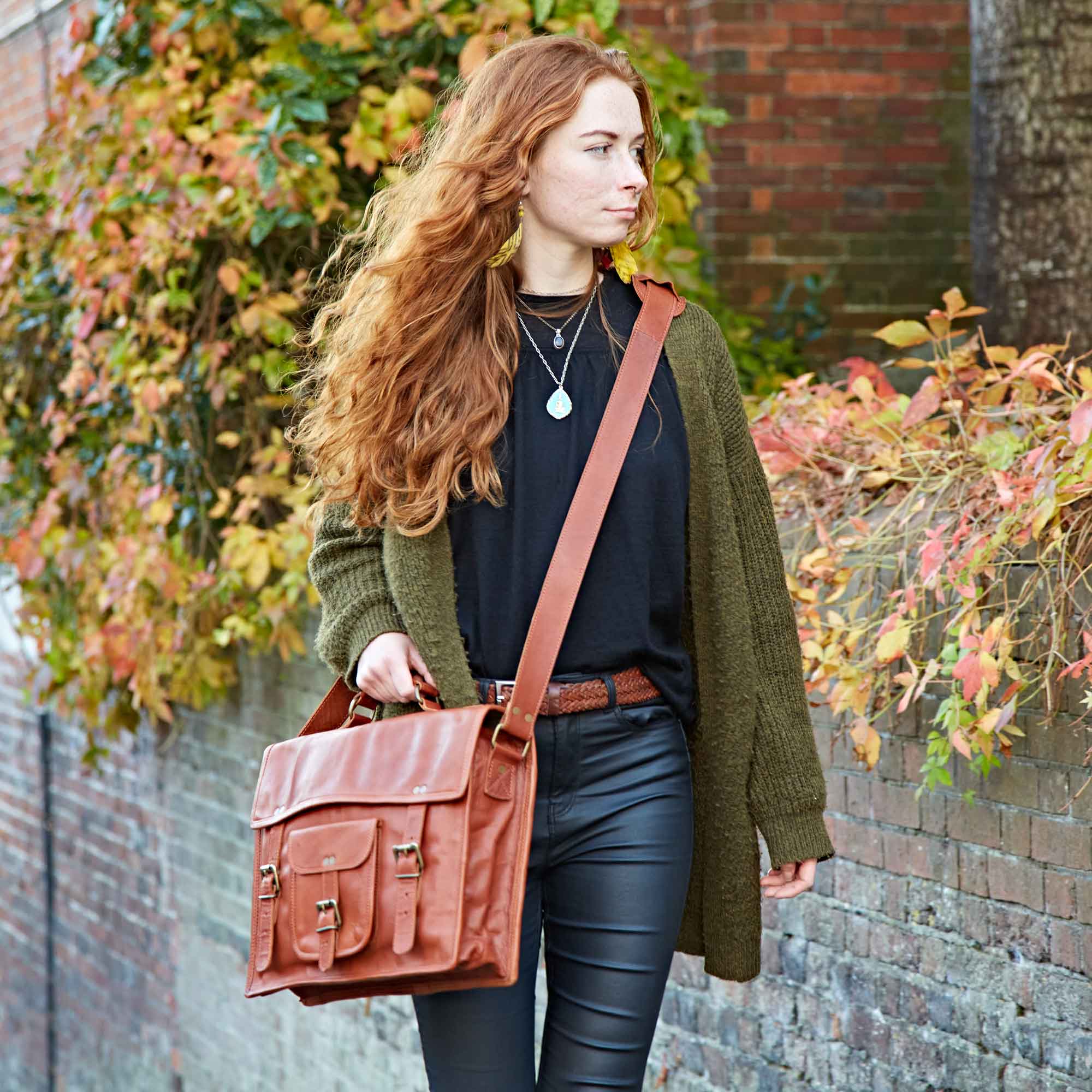 Large Vintage Style Brown Leather Laptop Satchel - Handmade