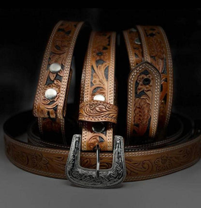 Leather Light Brown Belt with Vintage Silver Buckle: 36