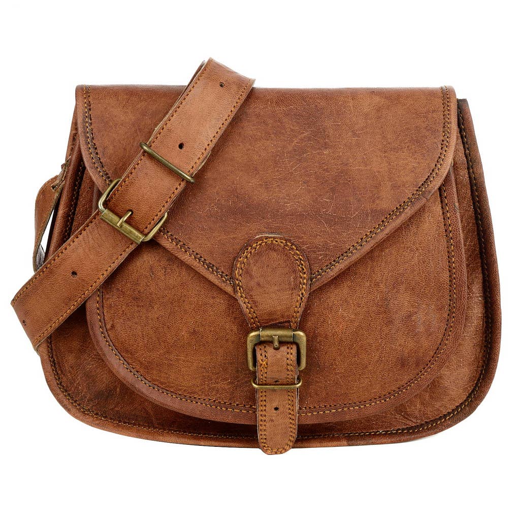 Curved Brown Leather Saddle Bag - Handmade