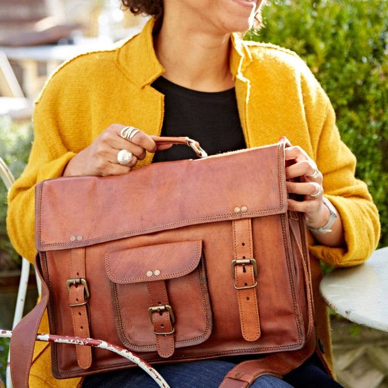 Large Vintage Style Brown Leather Laptop Satchel - Handmade