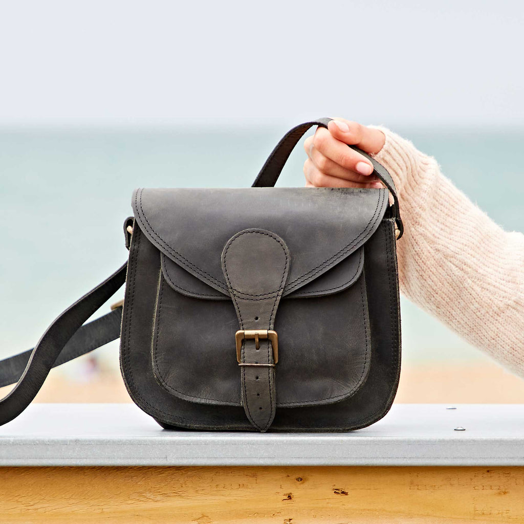 Black Buffalo Leather Curved Saddle Bag - Handmade