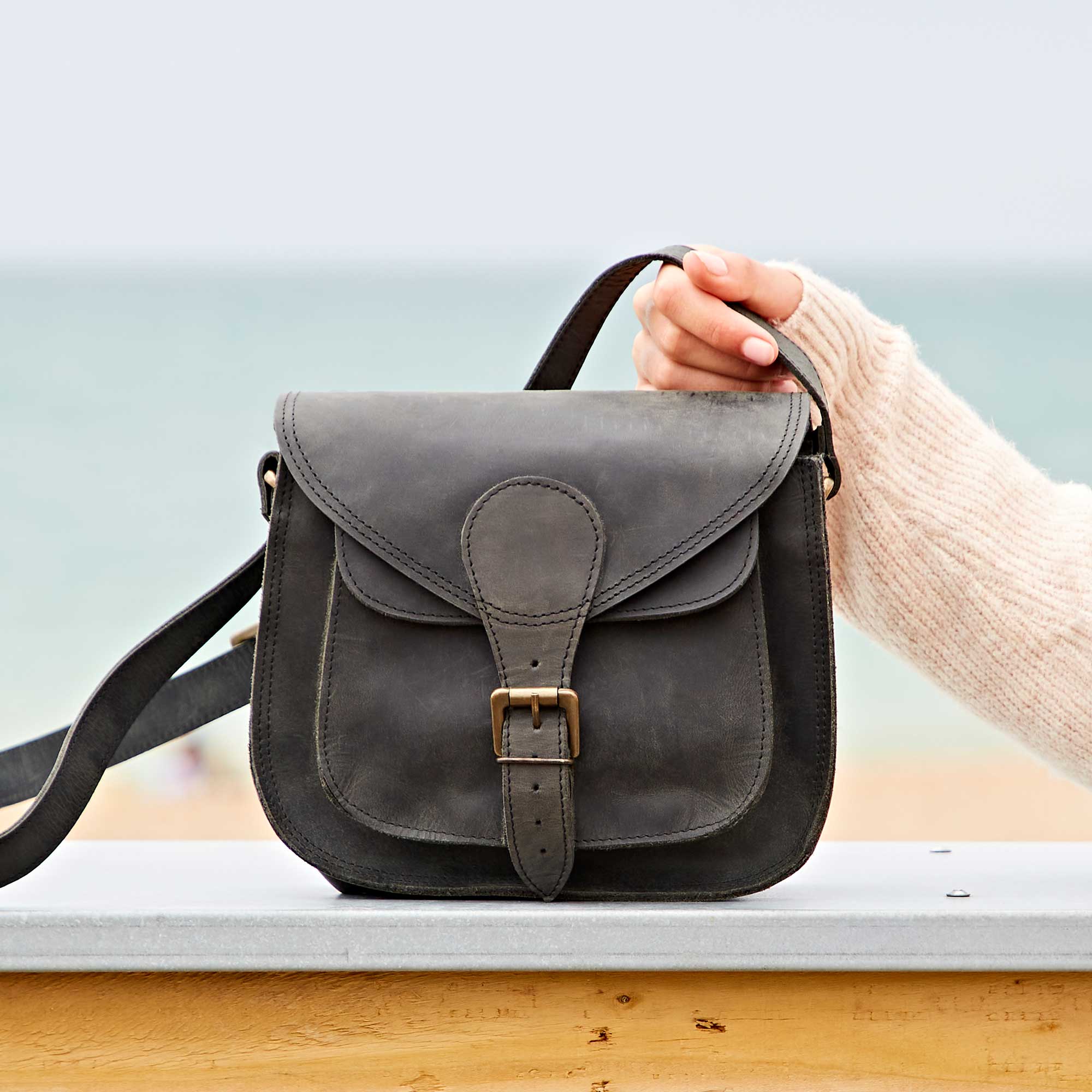 Black Buffalo Leather Curved Saddle Bag - Handmade