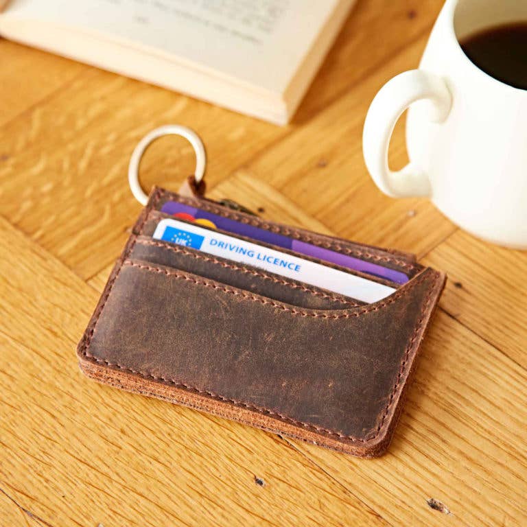Brown Buffalo Leather Slim Zipped Card Holder - Handmade