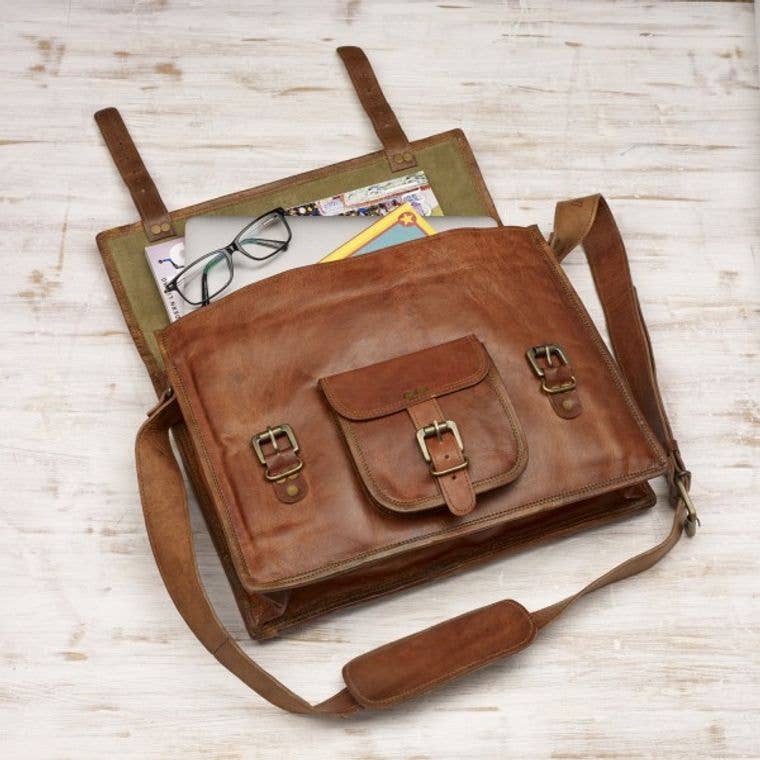 Large Vintage Style Brown Leather Laptop Satchel - Handmade