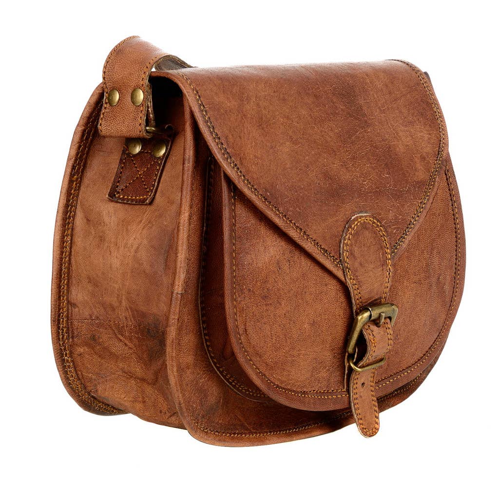 Curved Brown Leather Saddle Bag - Handmade