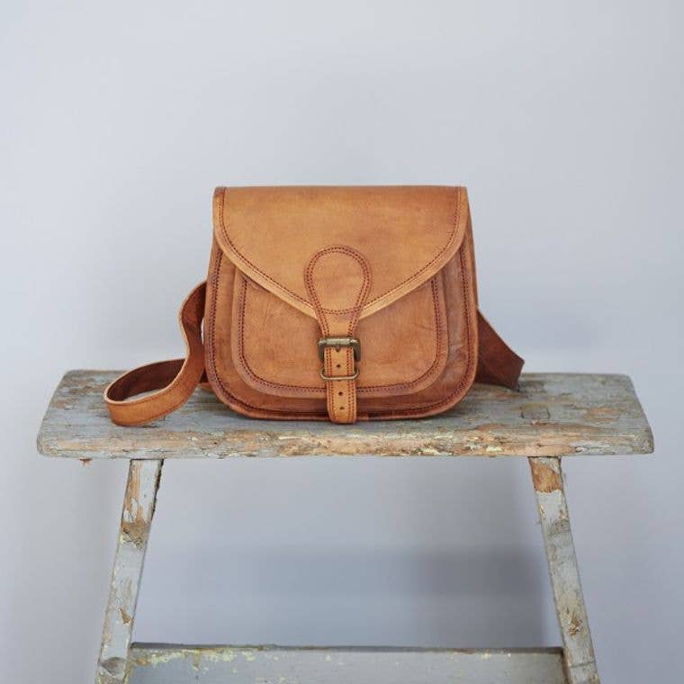 Curved Brown Leather Saddle Bag - Handmade