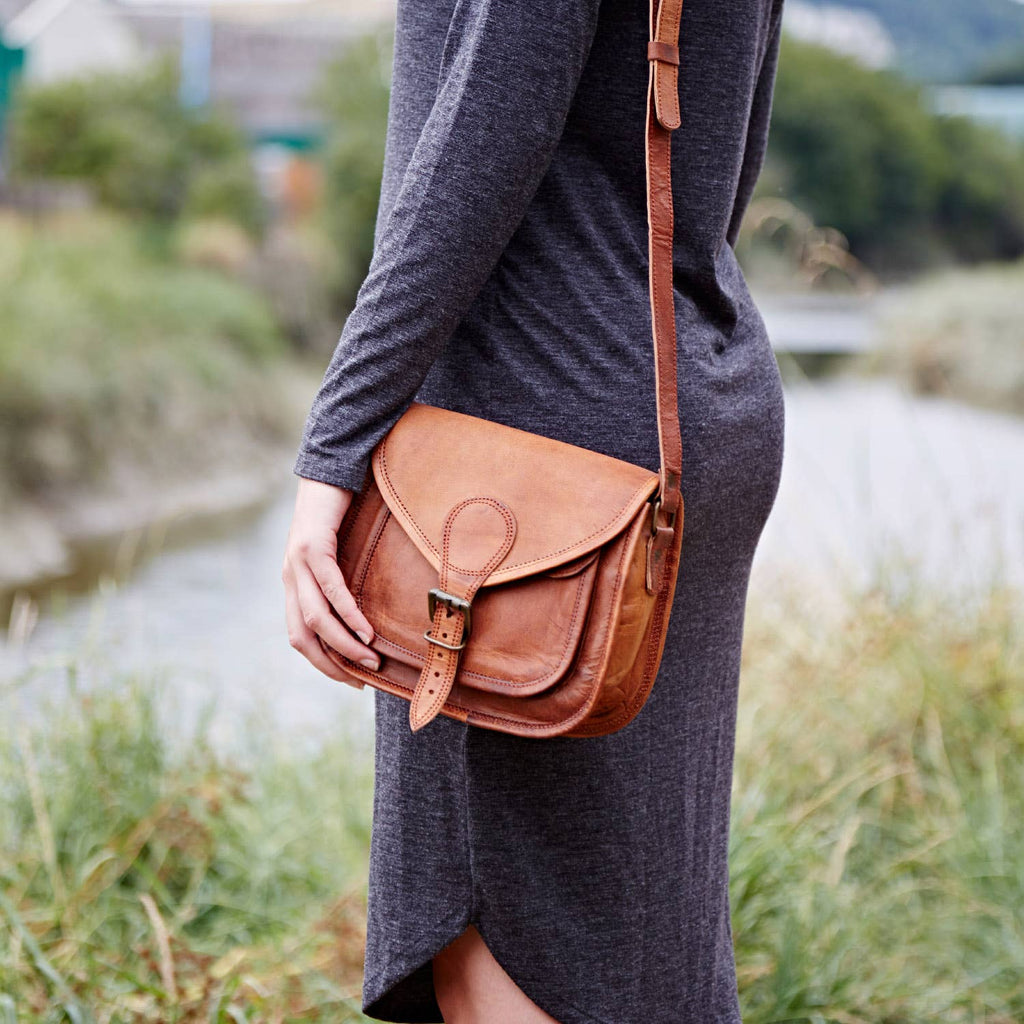 Curved Brown Leather Saddle Bag - Handmade