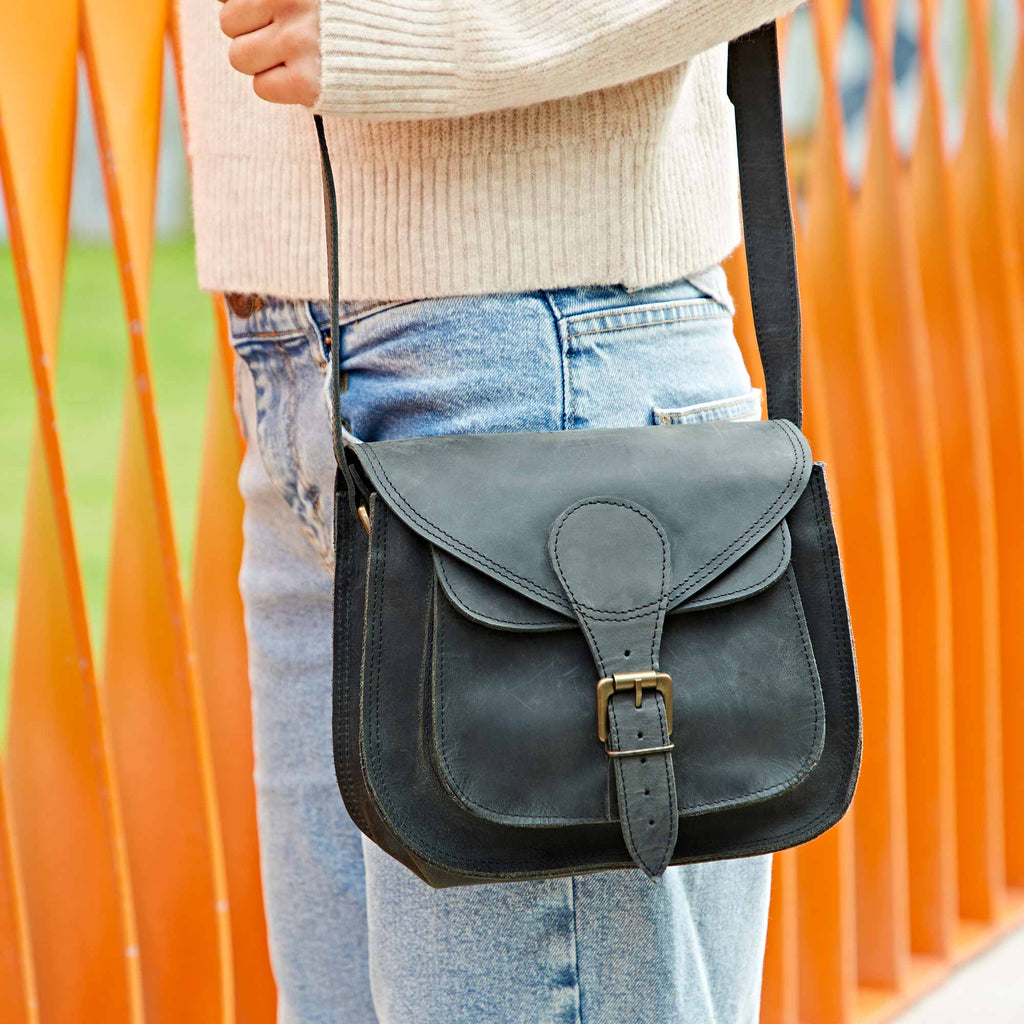 Black Buffalo Leather Curved Saddle Bag - Handmade