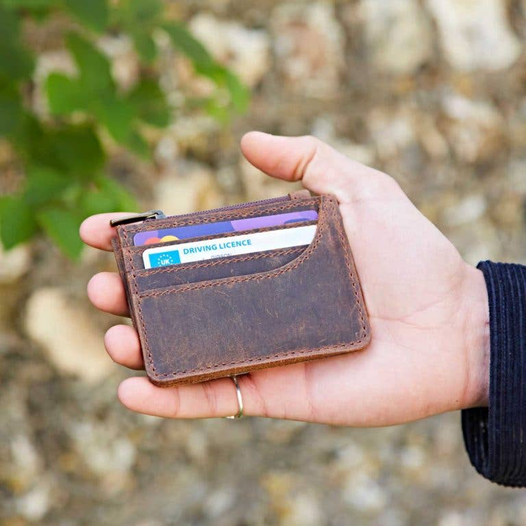 Brown Buffalo Leather Slim Zipped Card Holder - Handmade