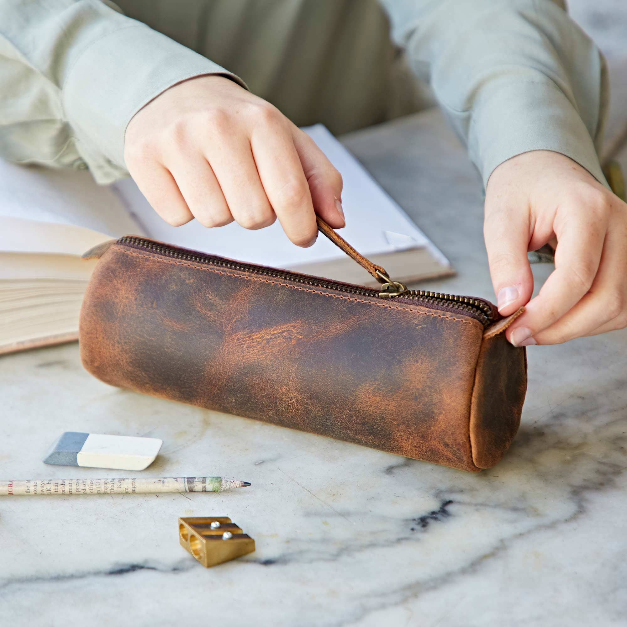 Buffalo Leather Round Pencil Case - Black or Brown -Handmade: Brown