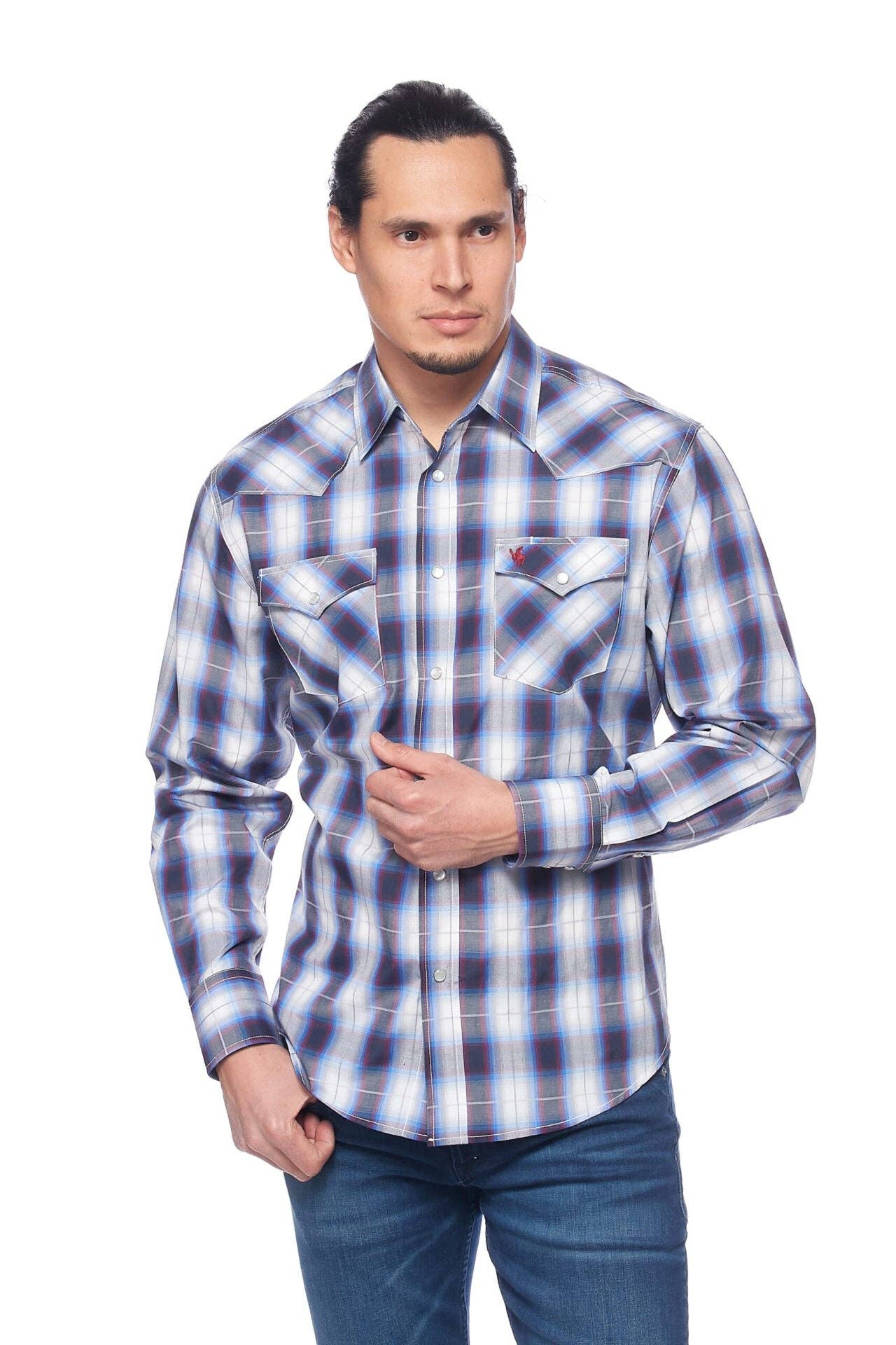 RODEO CLOTHING MEN'S PLAID WESTERN LONG SLEEVE SNAP SHIRTS: M