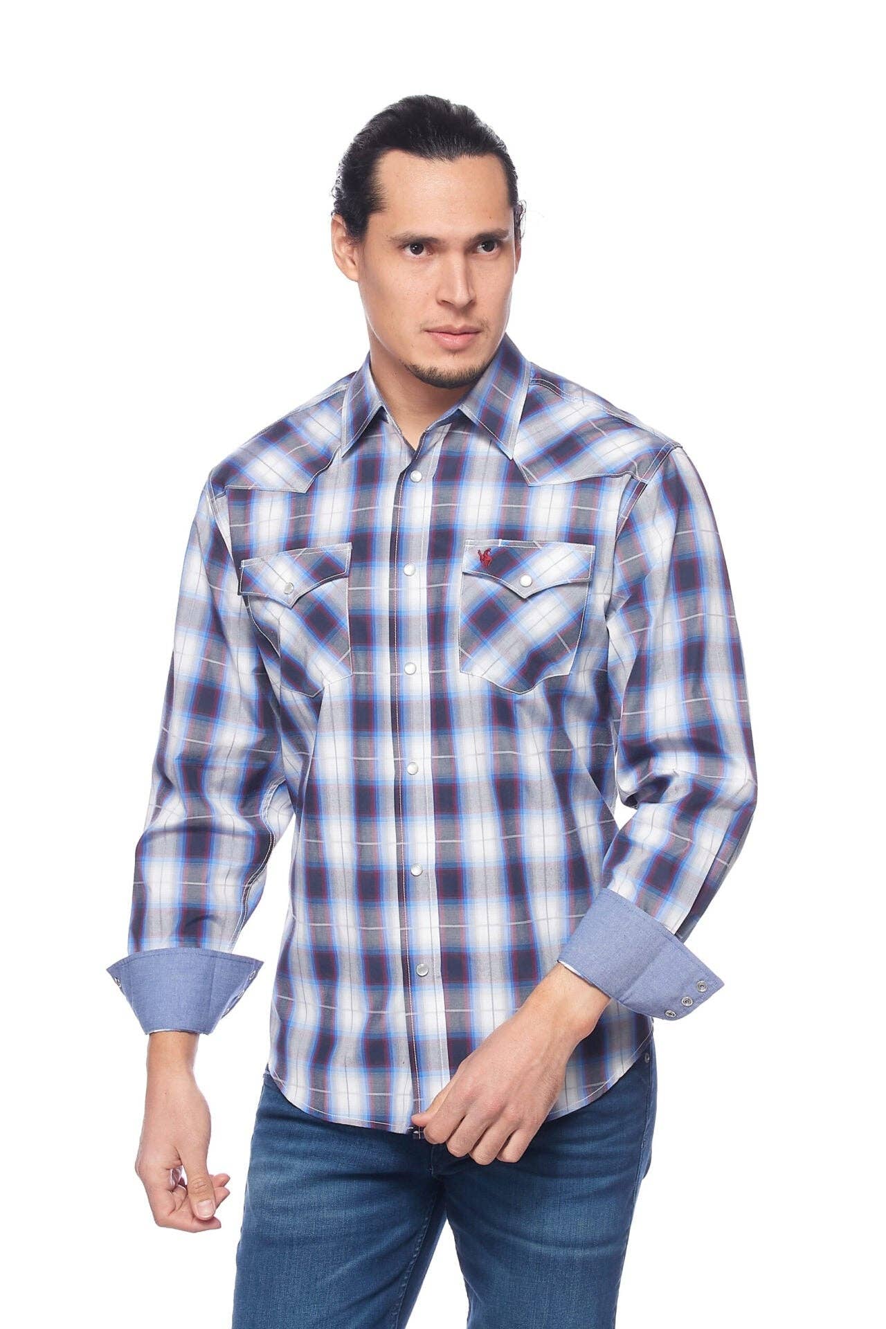 RODEO CLOTHING MEN'S PLAID WESTERN LONG SLEEVE SNAP SHIRTS: M