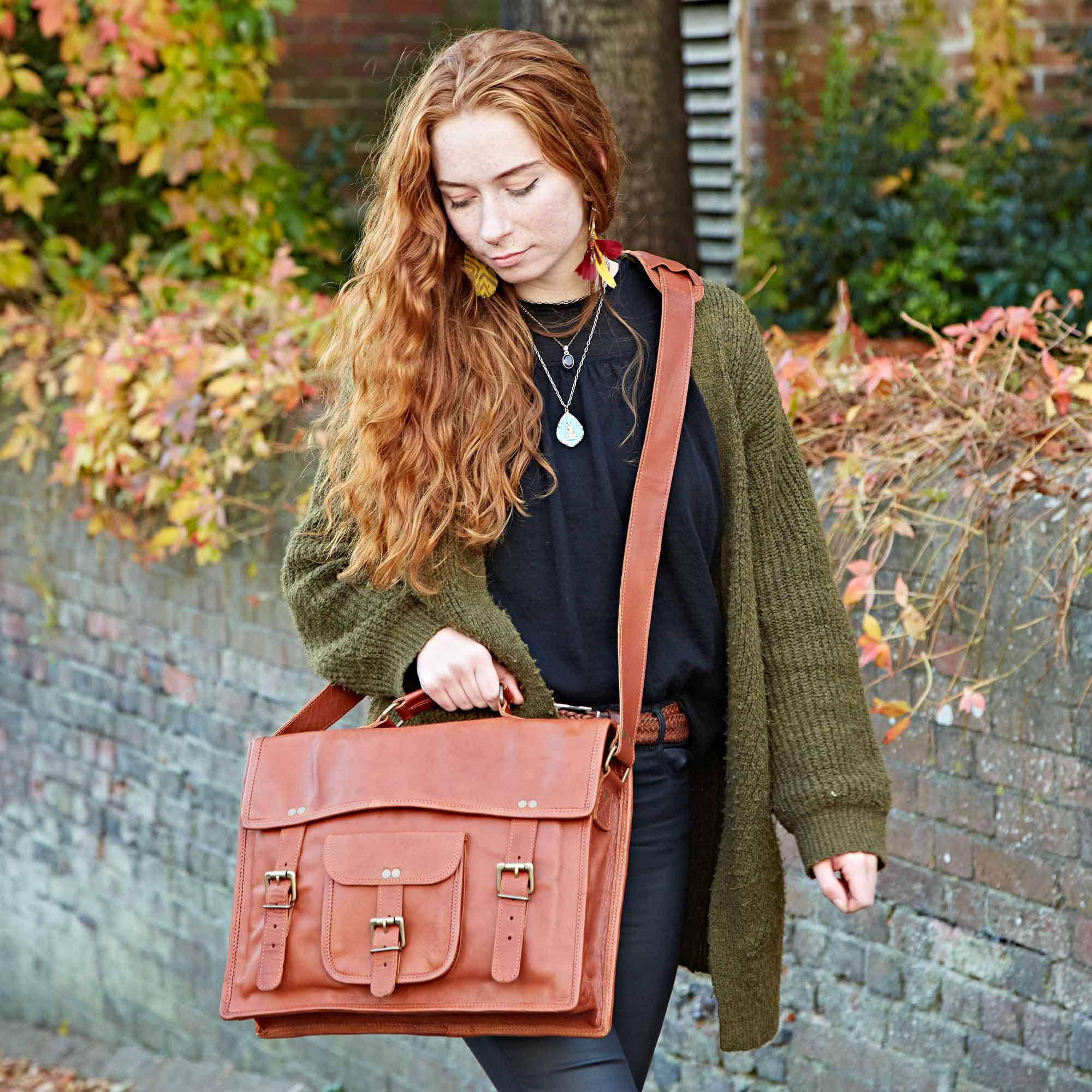 Large Vintage Style Brown Leather Laptop Satchel - Handmade