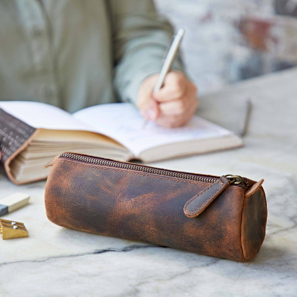 Buffalo Leather Round Pencil Case - Black or Brown -Handmade: Brown