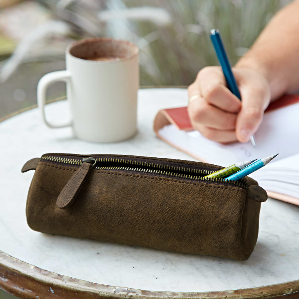 Buffalo Leather Round Pencil Case - Black or Brown -Handmade: Brown