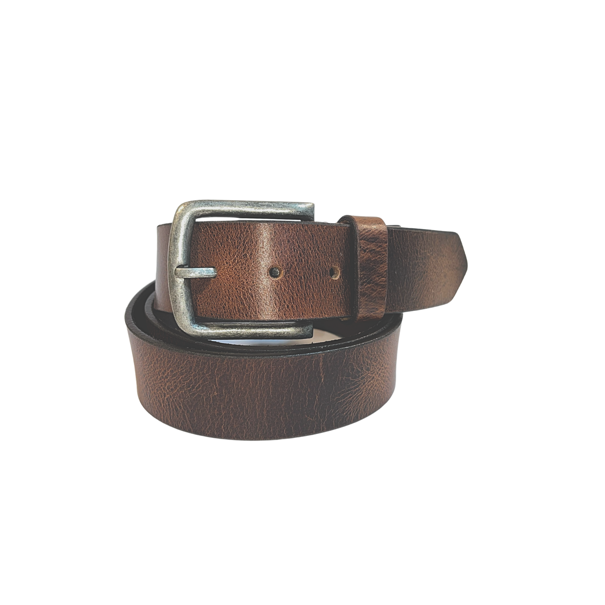 Leather Brown Belt with Vintage Silver Buckle: Wide / Large