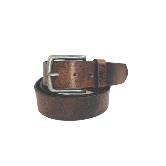 Leather Brown Belt with Vintage Silver Buckle: Wide / Medium