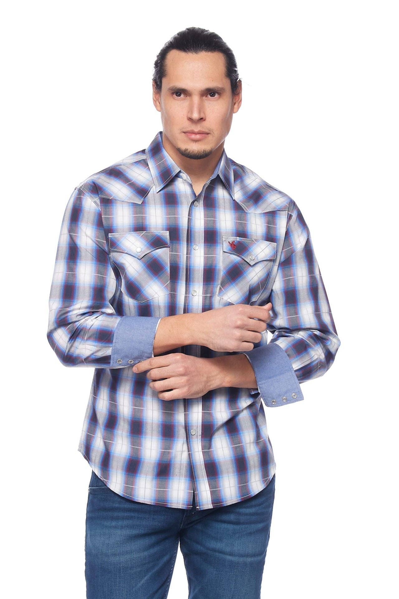 RODEO CLOTHING MEN'S PLAID WESTERN LONG SLEEVE SNAP SHIRTS: M