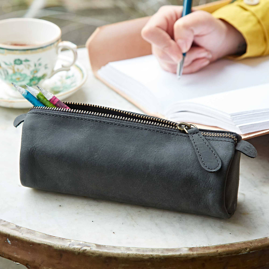 Buffalo Leather Round Pencil Case - Black or Brown -Handmade: Brown