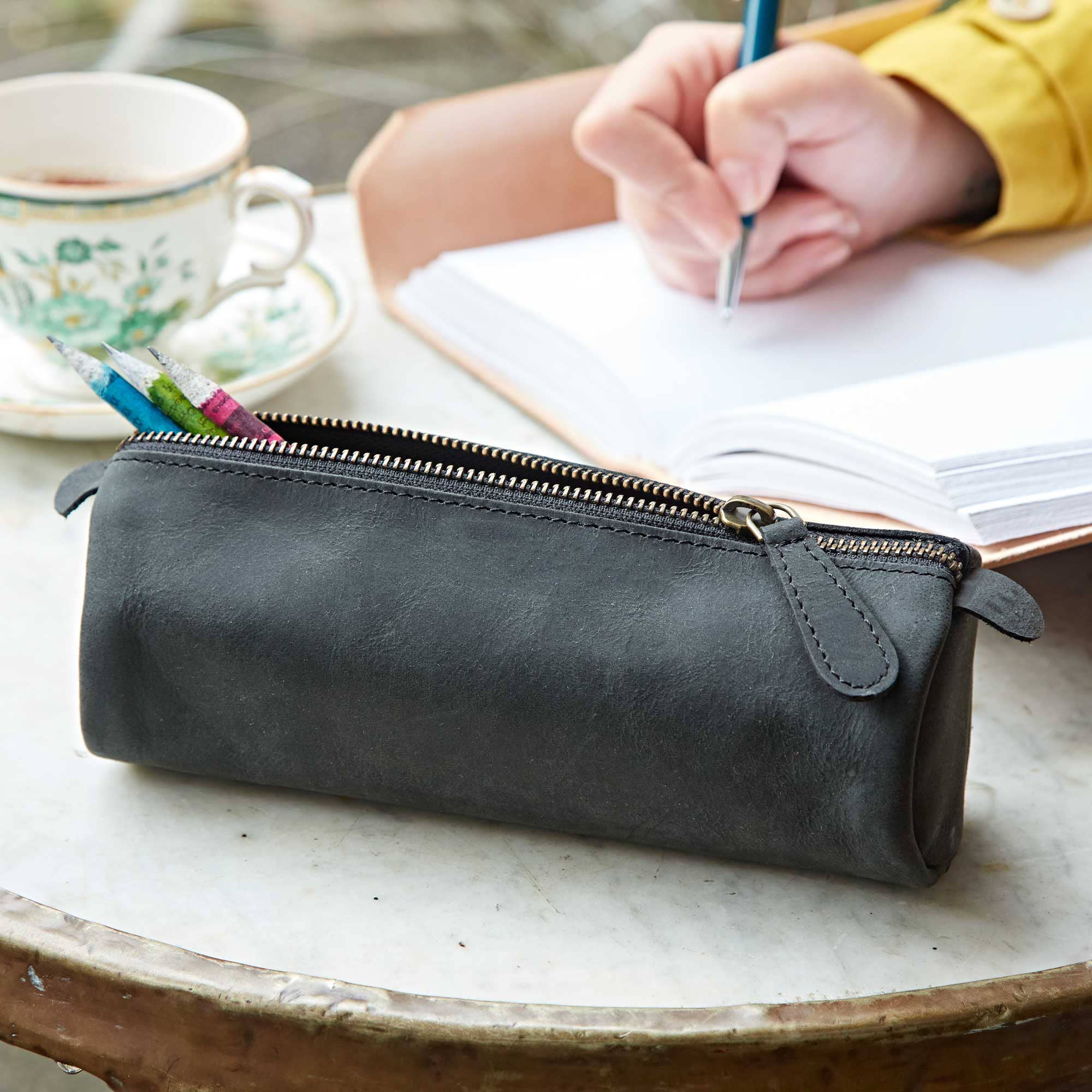 Buffalo Leather Round Pencil Case - Black or Brown -Handmade: Brown
