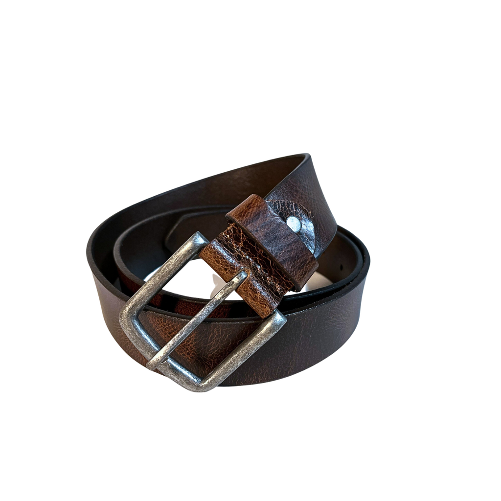 Leather Brown Belt with Vintage Silver Buckle: Wide / X-Large