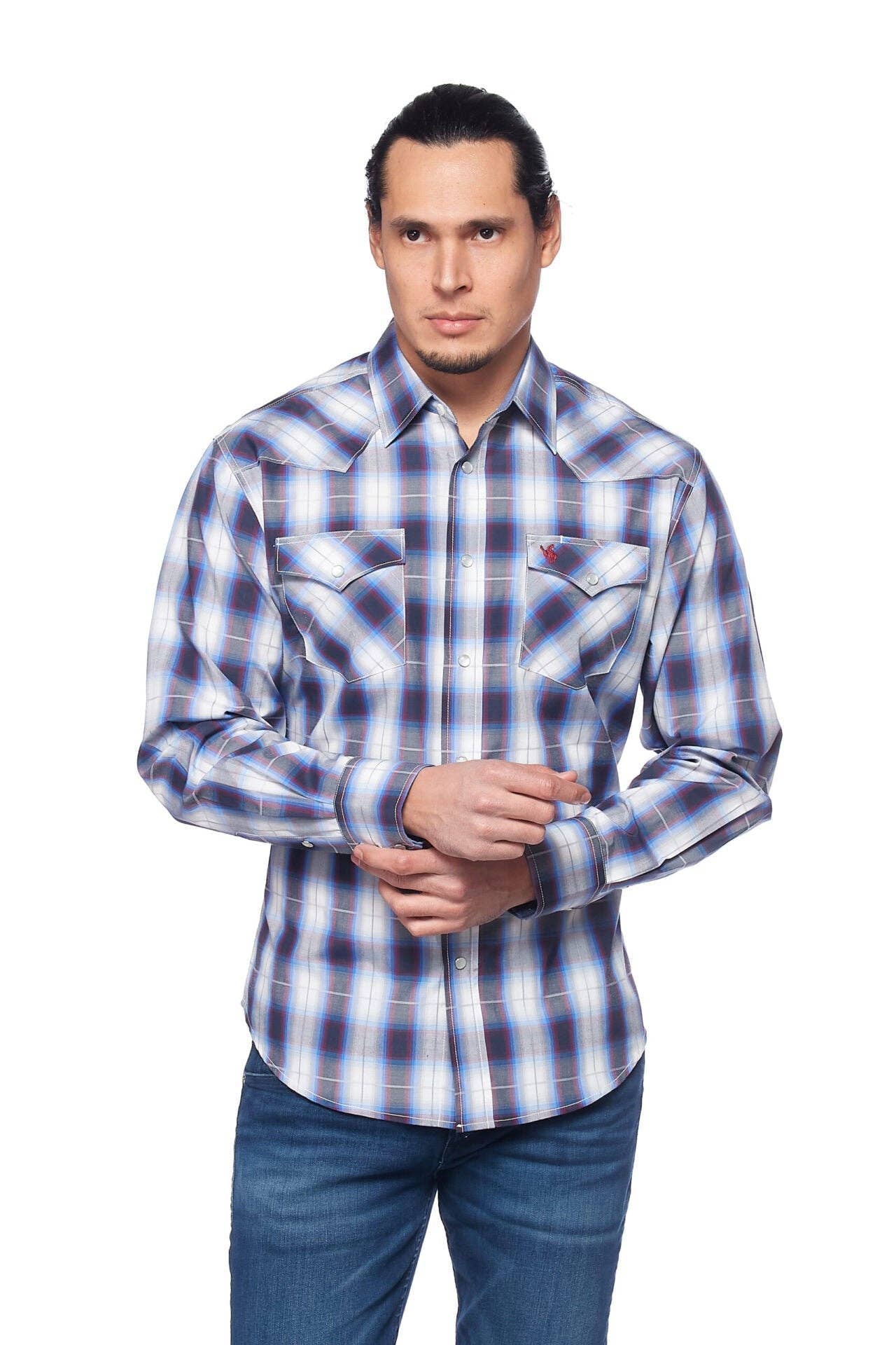 RODEO CLOTHING MEN'S PLAID WESTERN LONG SLEEVE SNAP SHIRTS: M