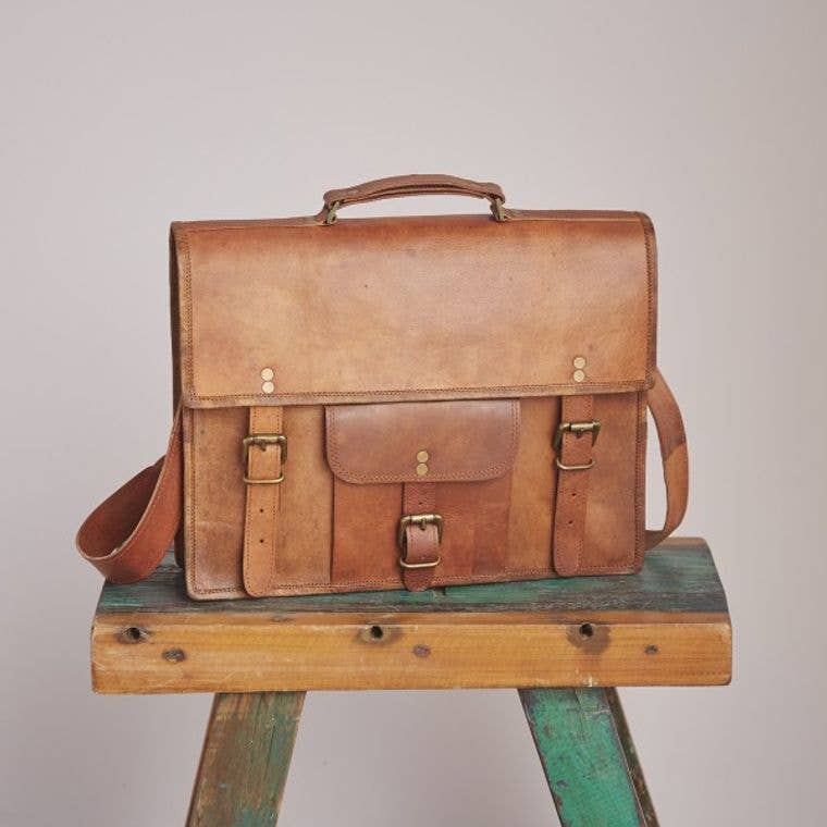 Large Brown Vintage Leather Satchel - Handmade